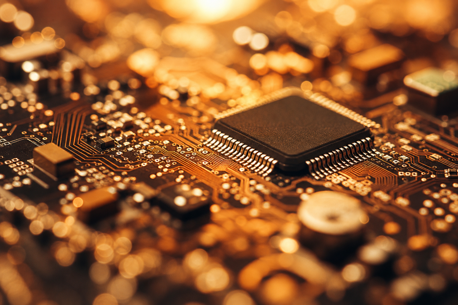 Close-up of circuit board components, warm copper tones, shallow depth of field