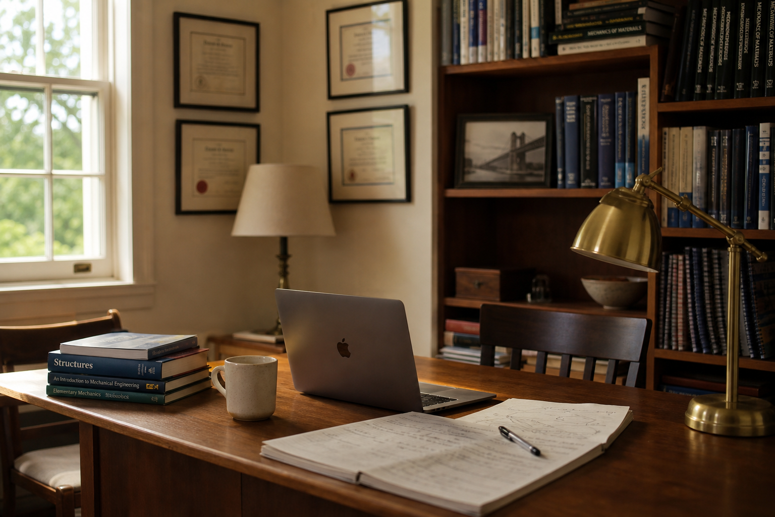 Calm professional study with technical manuals and MacBook, warm afternoon light