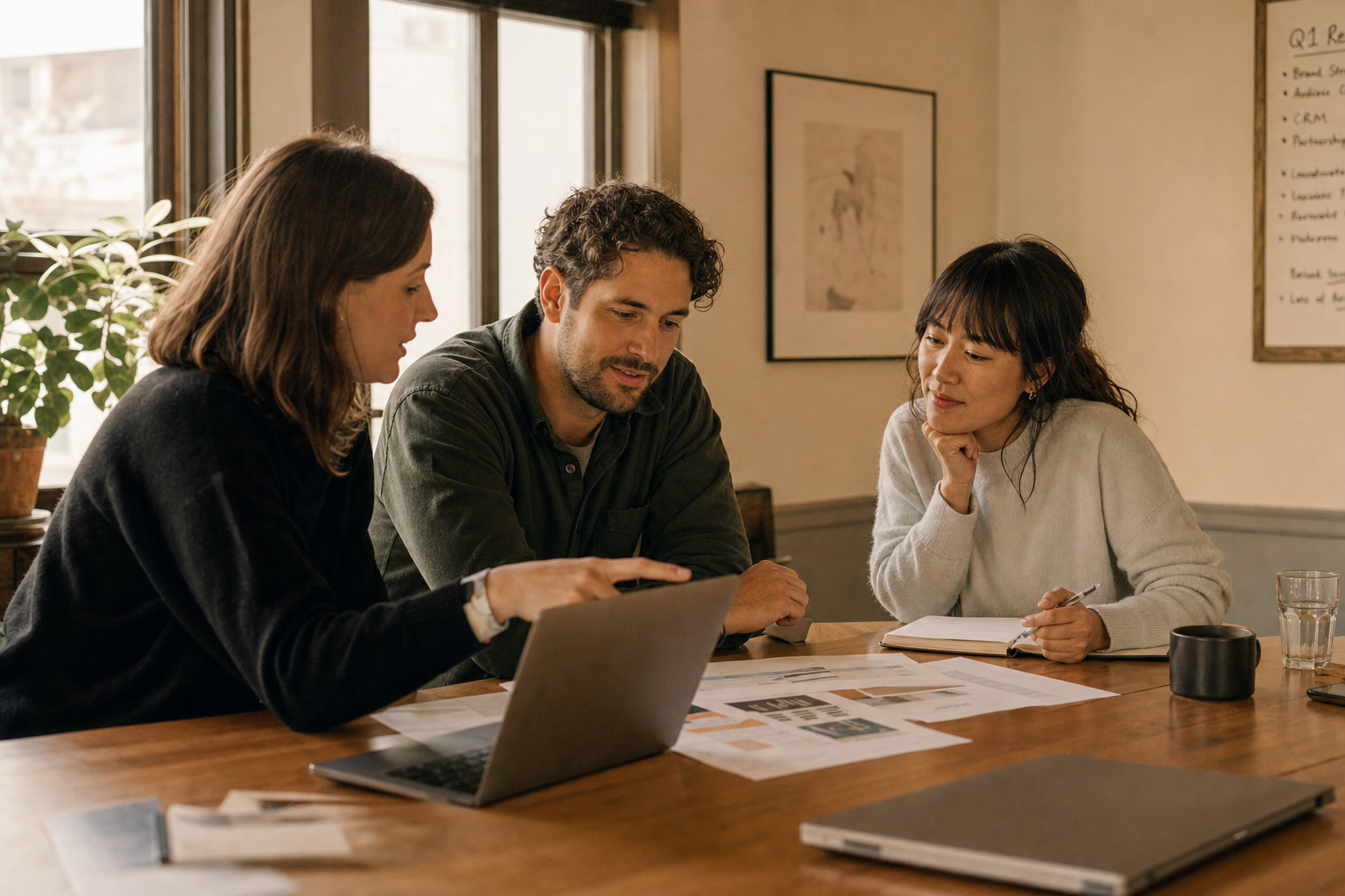 Small professional team reviewing technical documentation in a warm meeting room